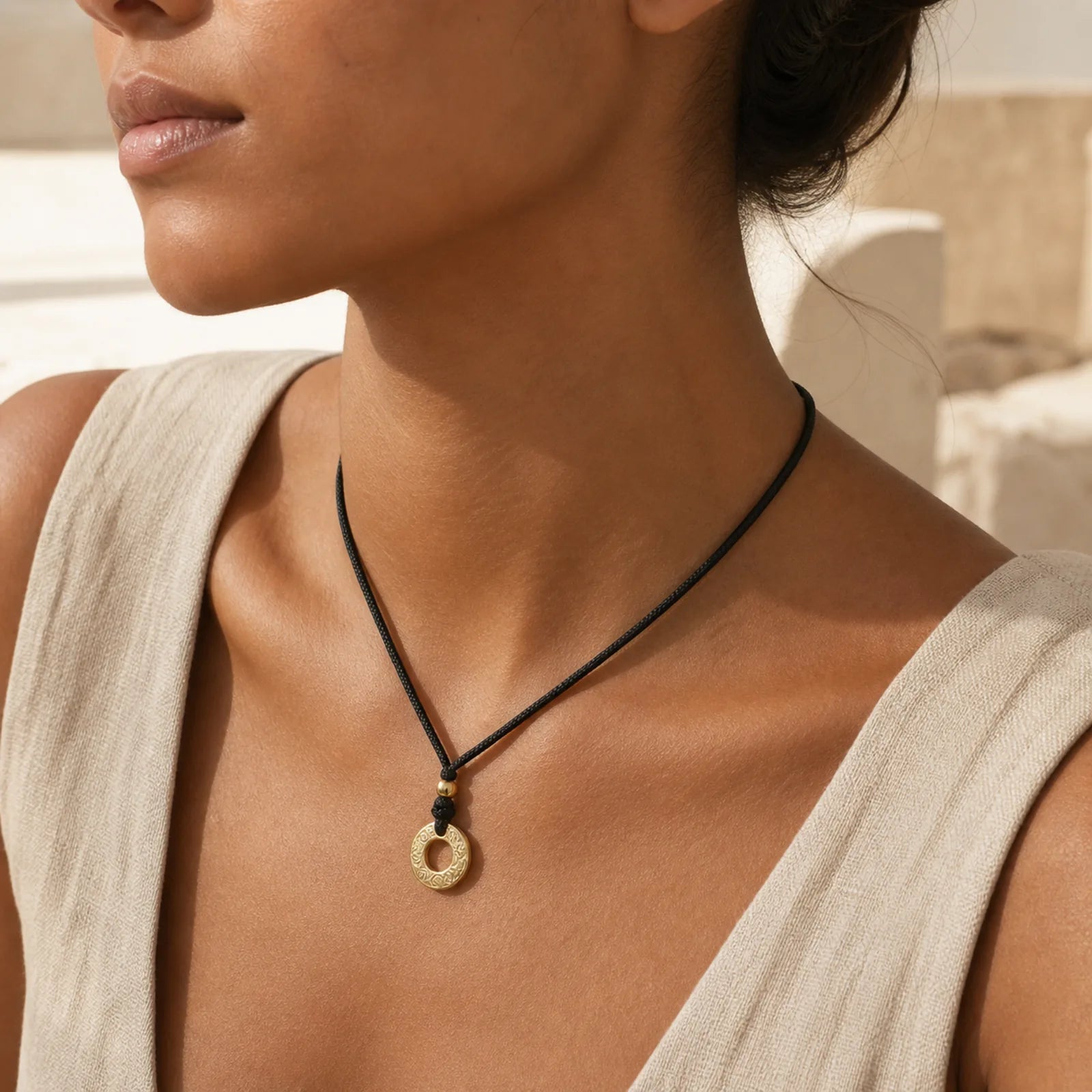 "Wishing You Good Fortune" 24k Gold Plated Brass Peace Buckle Black Rope Necklace Includes Gift Message Card featuring Peace Buckle, Copper