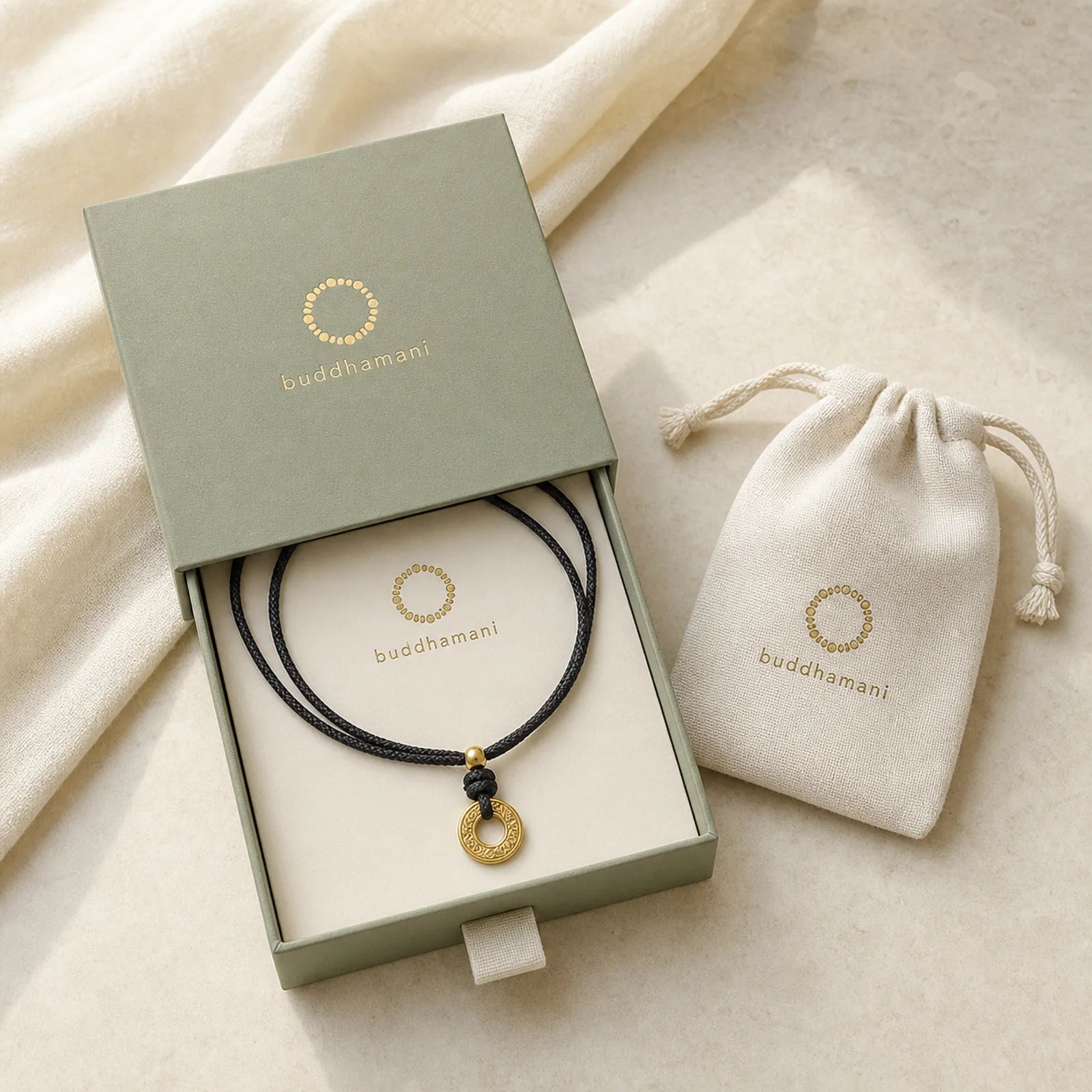 "Wishing You Good Fortune" 24k Gold Plated Brass Peace Buckle Black Rope Necklace Includes Gift Message Card featuring Peace Buckle, Copper