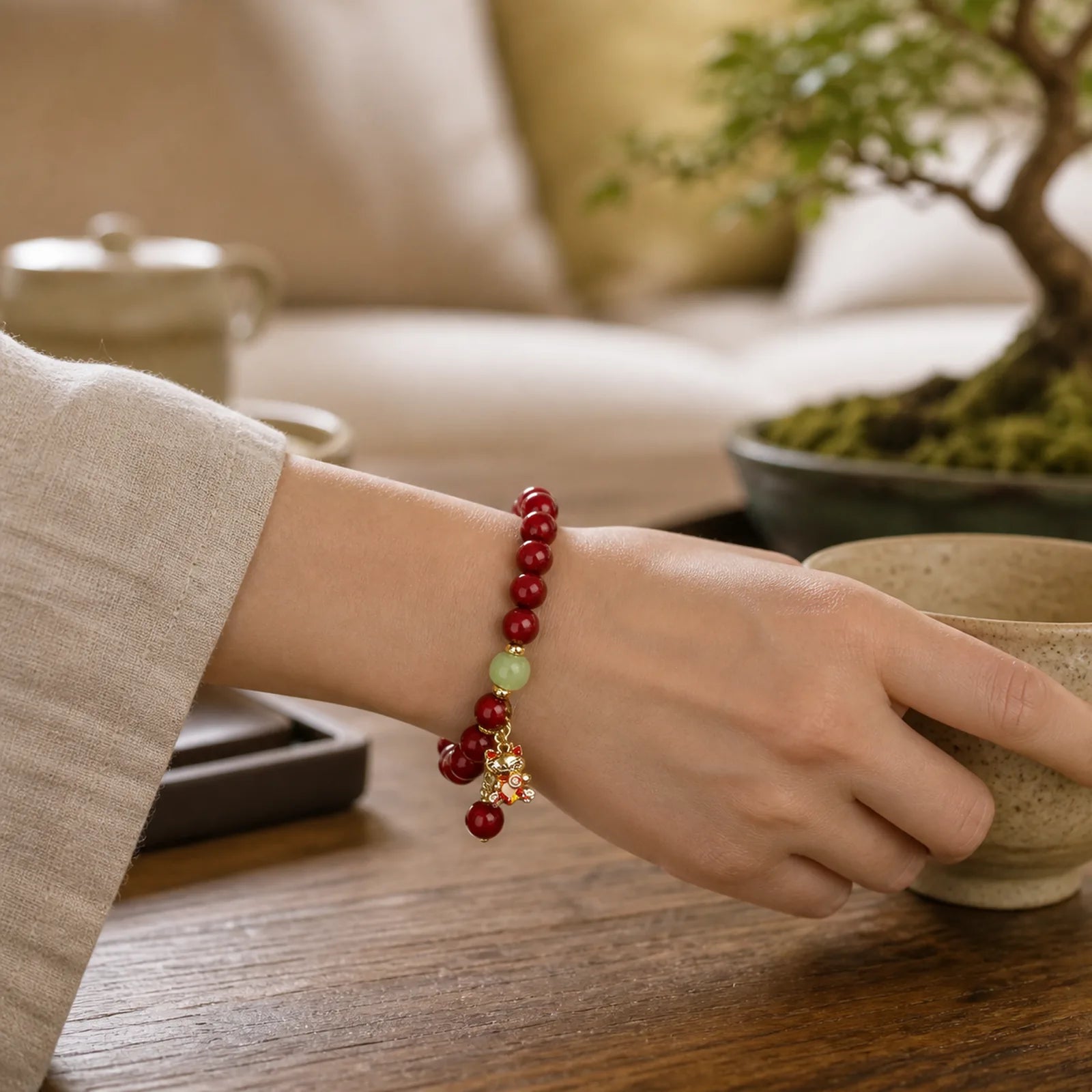 "Wishing You Good Fortune and Joy" Cat Cinnabar Bracelet Includes Gift Message Card featuring Cinnabar