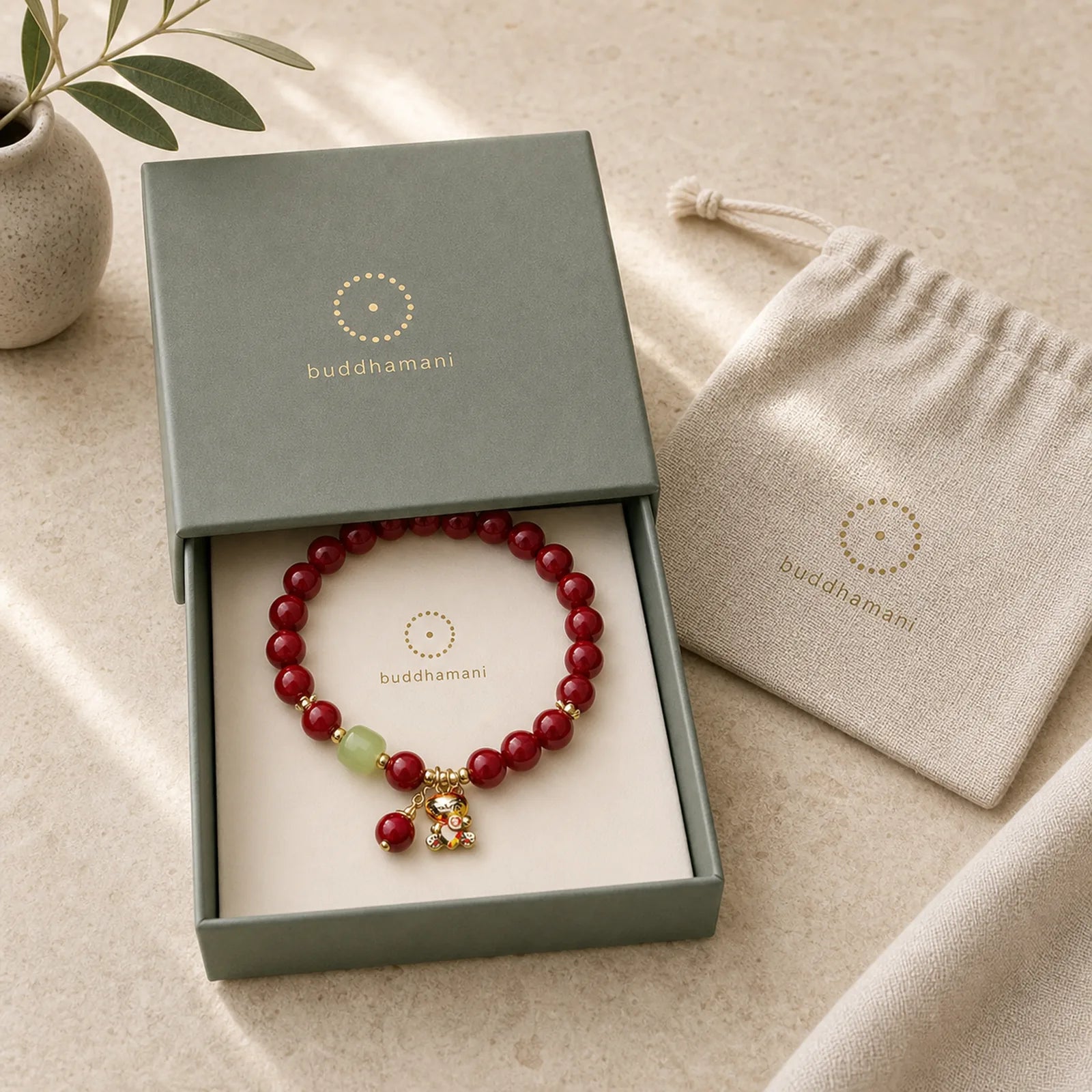 "Wishing You Good Fortune and Joy" Cat Cinnabar Bracelet Includes Gift Message Card featuring Cinnabar