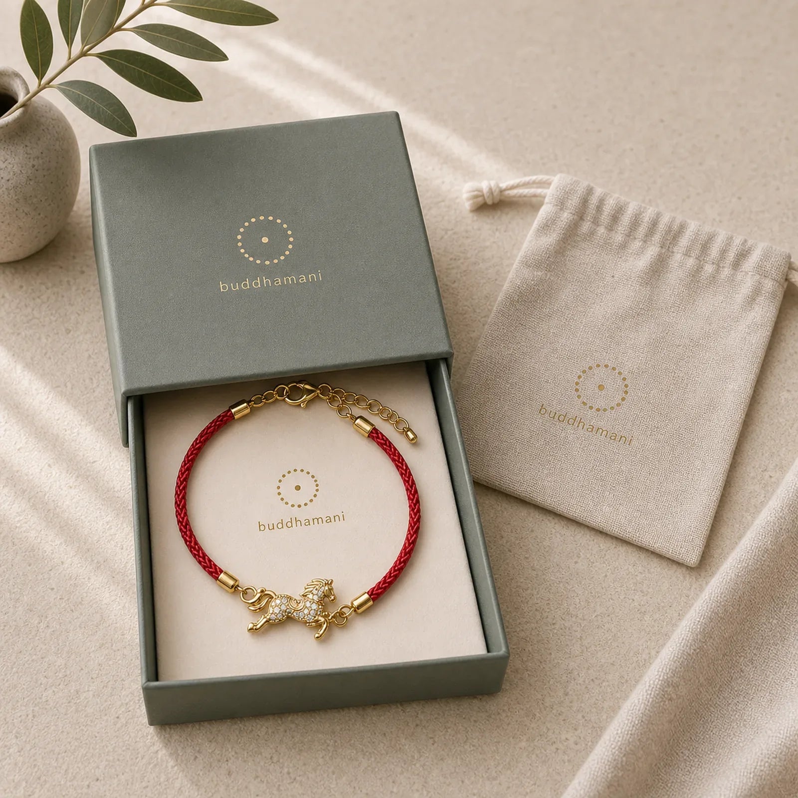 "Wishing You Health and Good Fortune" Year of the Horse Includes Gift Message Card featuring Horse, Red String, Silver