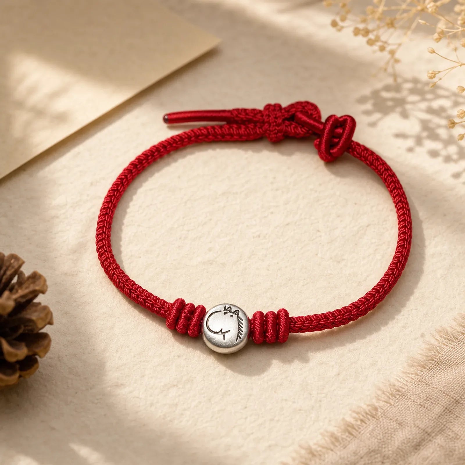 "Wishing You Joy and Prosperity" Year of the Horse Bracelet Includes Gift Message Card featuring Horse, Silver, Red String