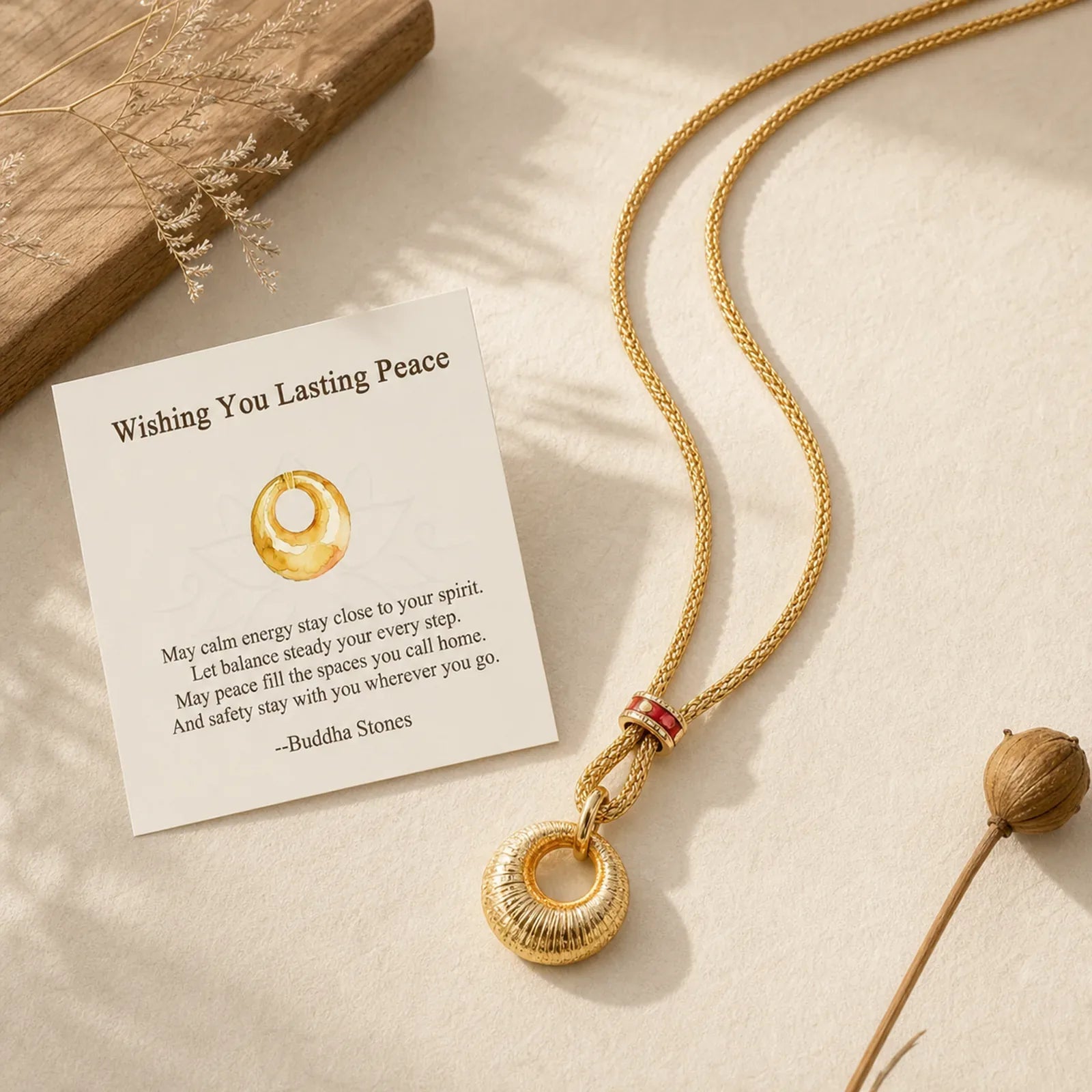 "Wishing You Lasting Peace" 24k Gold Plated Copper Peace Buckle Necklace Includes Gift Message Card featuring Copper, Peace Buckle