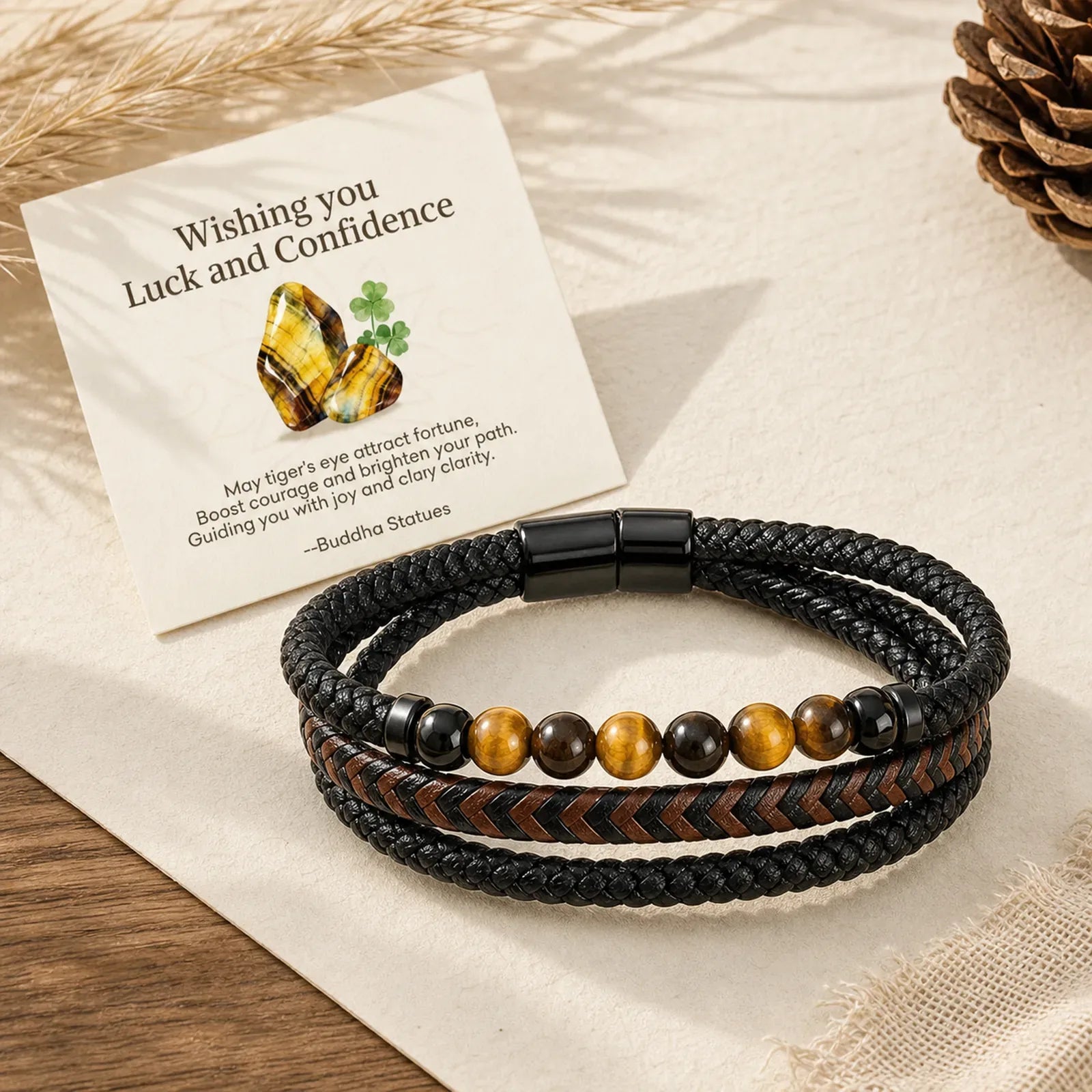 "Wishing You Luck and Confidence" Tiger Eye Leather Includes Gift Message Card featuring Tiger Eye, Green Tiger Eye, Lava Rock