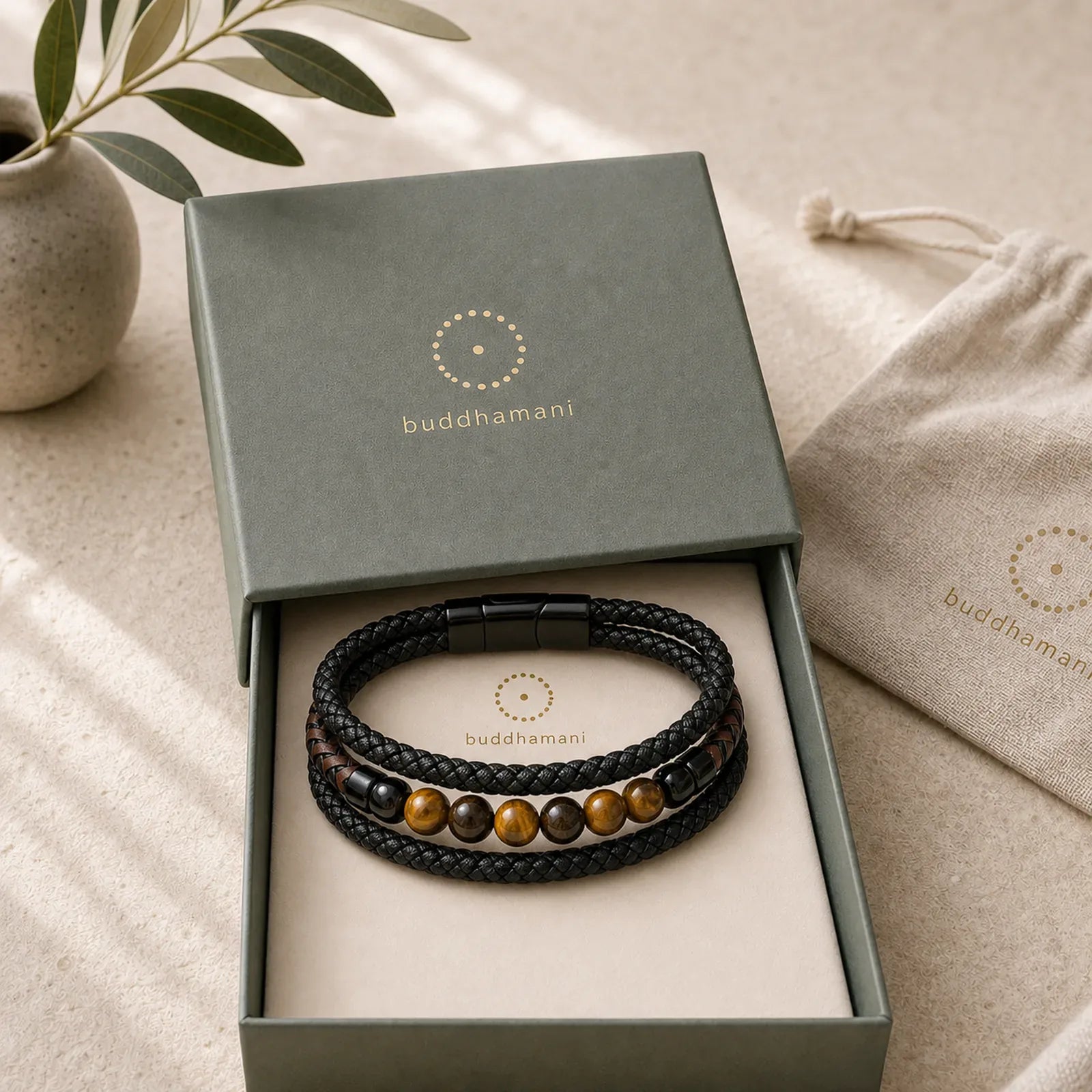 "Wishing You Luck and Confidence" Tiger Eye Leather Includes Gift Message Card featuring Tiger Eye, Green Tiger Eye, Lava Rock