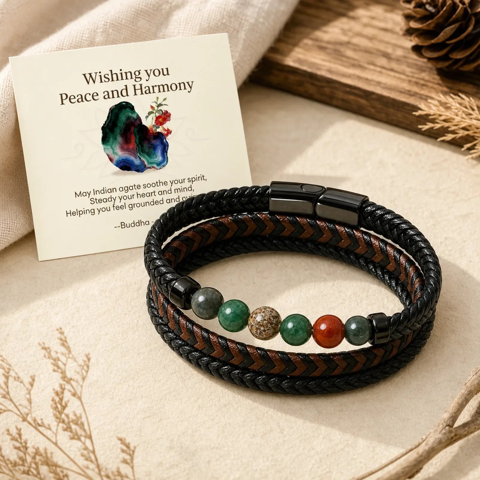 "Wishing You Peace and Harmony" Indian Agate Bracelet Includes Gift Message Card featuring Indian Agate