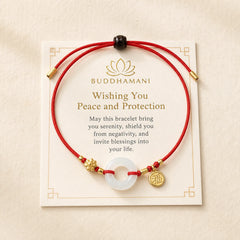 "Wishing You Peace and Protection" Jade Red Rope Bracelet Includes Gift Message Card featuring Jade, White Jade, Peace Buckle