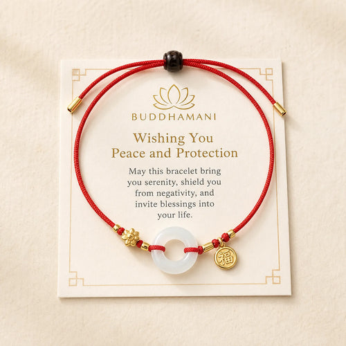 "Wishing You Peace and Protection" Jade Red Rope Bracelet Includes Gift Message Card featuring Jade, White Jade, Peace Buckle
