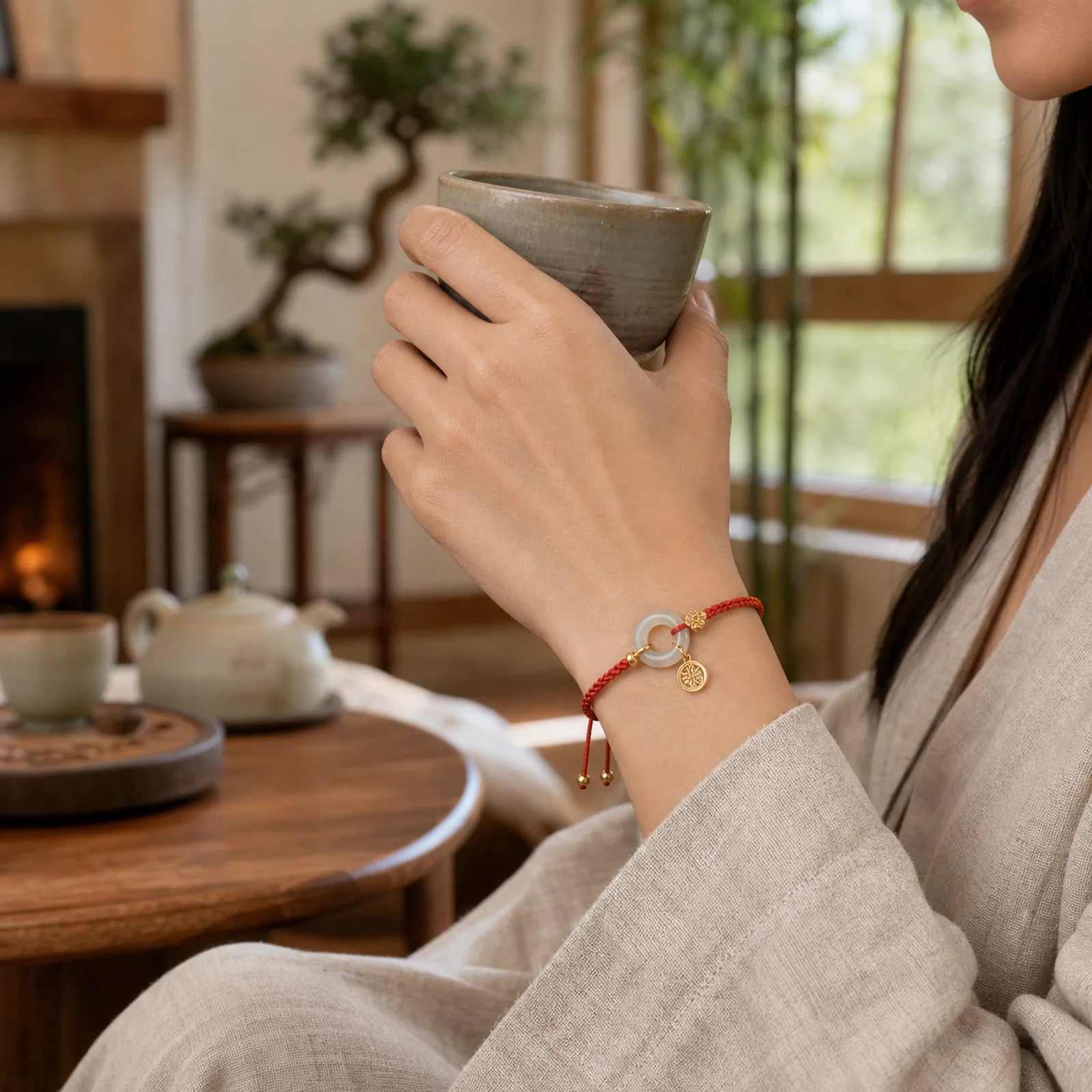 "Wishing You Peace and Protection" Jade Red Rope Bracelet Includes Gift Message Card featuring Jade, White Jade, Peace Buckle