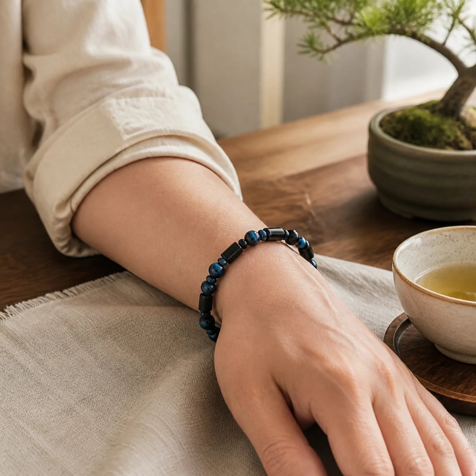 "Wishing You Strength and Clarity" Blue Tiger Eye Bracelet Includes Gift Message Card featuring Blue Tiger Eye, Tiger Eye, Tourmaline