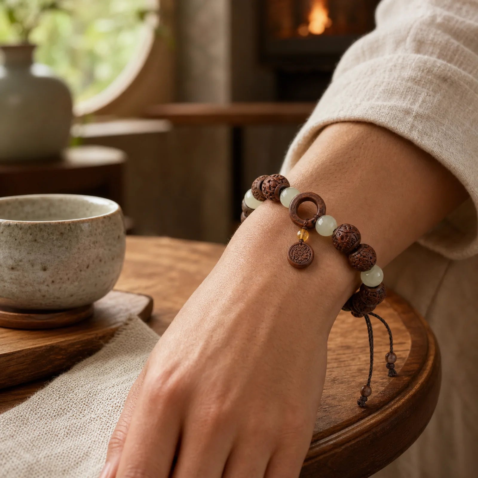 "Wishing You Wealth and Protection" Sappan Wood Bracelet Includes Gift Message Card featuring Pixiu, Fu Character, Glowstone