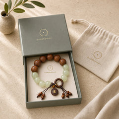 "Wishing You Wealth and Protection" Sappan Wood Bracelet Includes Gift Message Card featuring Pixiu, Fu Character, Glowstone