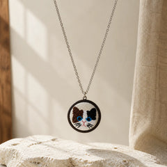 Wood Cat Luck Embroidered Round Pendant Necklace featuring Textured Natural Wood