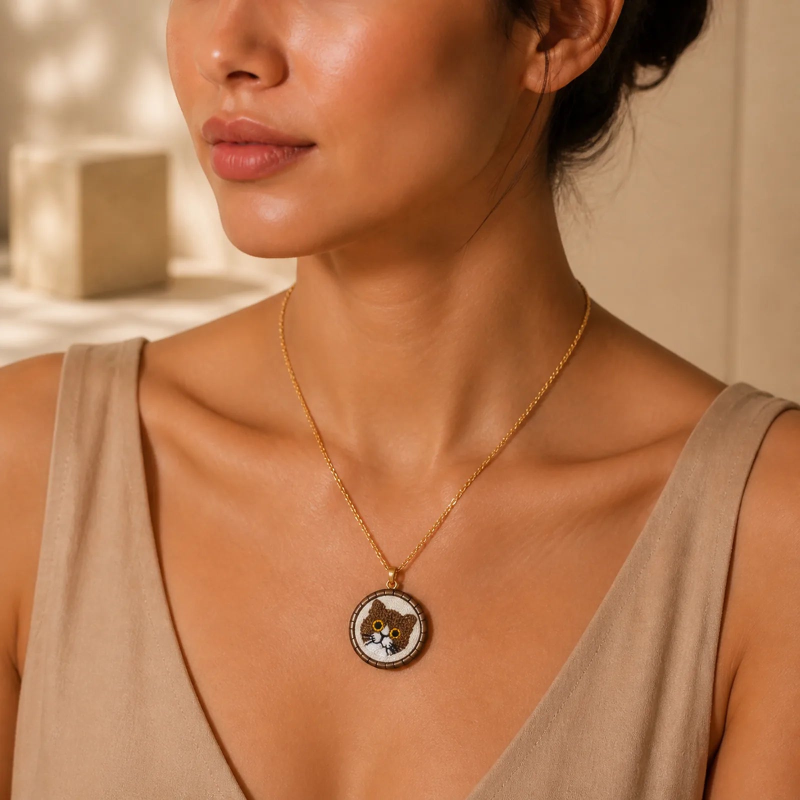 Wood Cat Luck Embroidered Round Pendant Necklace featuring Textured Natural Wood