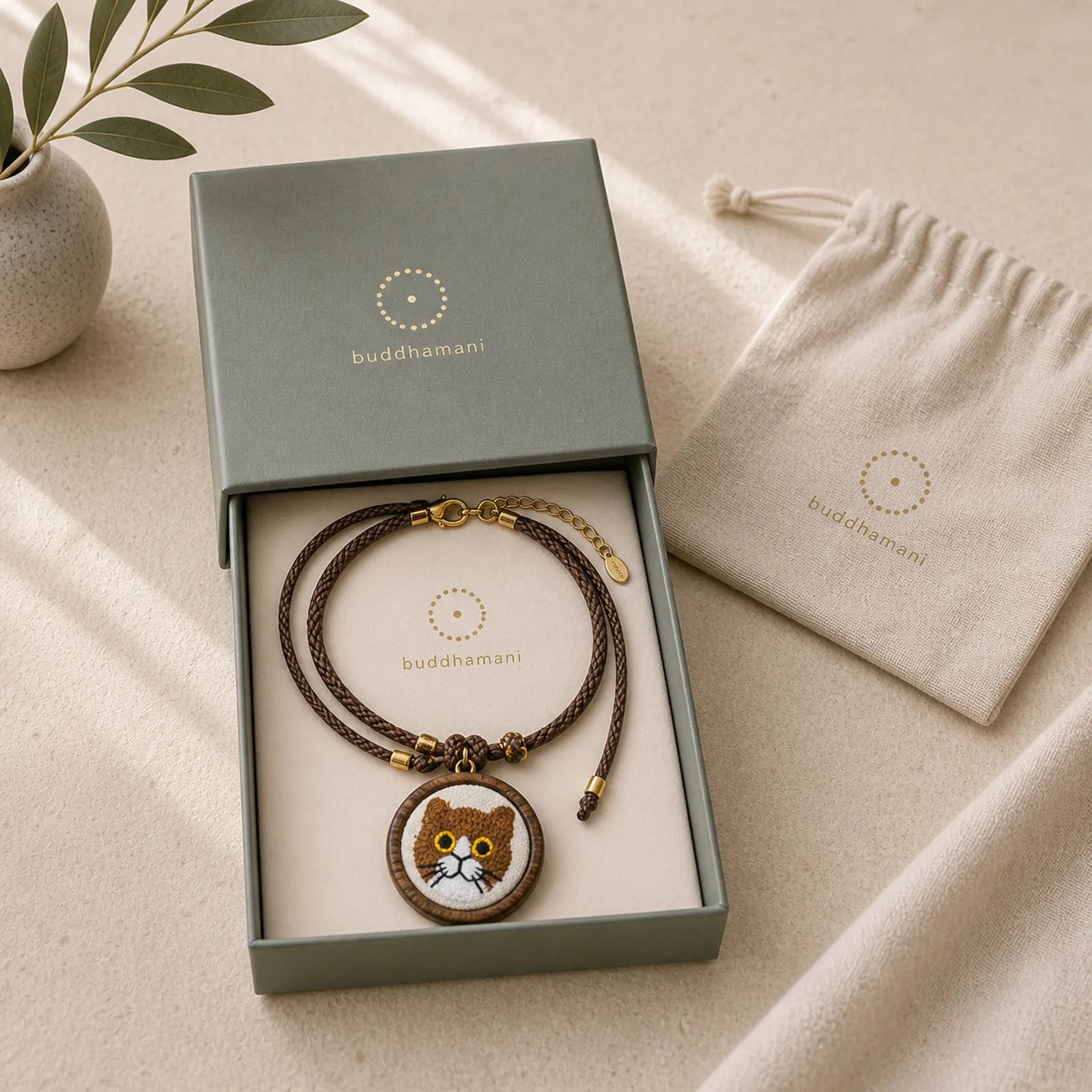 Wood Cat Luck Embroidered Round Pendant Necklace featuring Textured Natural Wood