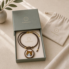 Wood Cat Luck Embroidered Round Pendant Necklace featuring Textured Natural Wood