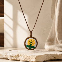 Wooden Hand Carved Embroidered Flower Butterfly Grounding Round Necklace featuring Butterfly, Textured Natural Wood, Feng Shui Butterfly