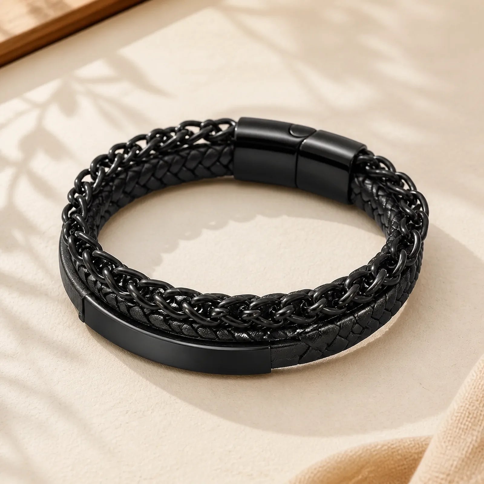 Woven Pattern Titanium Steel Stimulation Multi-layer Leather Buckle Bracelet featuring Titanium Steel