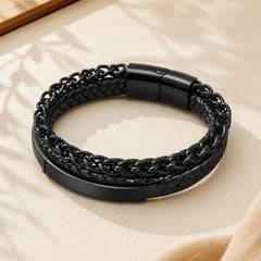 Woven Pattern Titanium Steel Stimulation Multi-layer Leather Buckle Bracelet featuring Titanium Steel