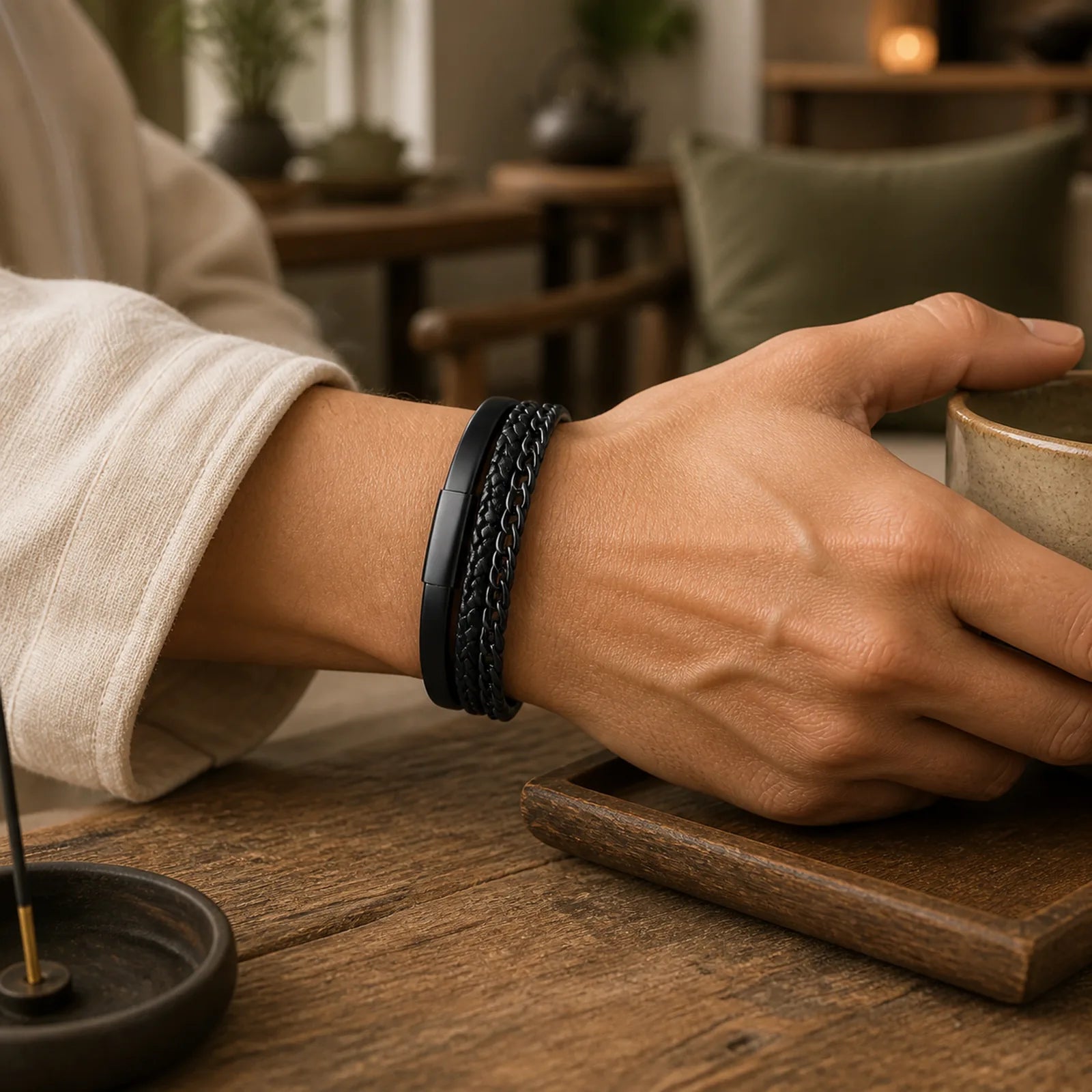 Woven Pattern Titanium Steel Stimulation Multi-layer Leather Buckle Bracelet featuring Titanium Steel