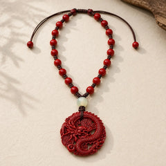 Year Of The Dragon Natural Cinnabar Hetian Jade Bead Copper Coin Attract Wealth Strength Necklace Pendant featuring Dragon, Cinnabar, Jade