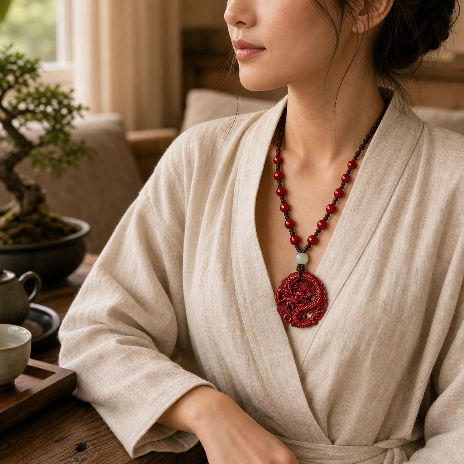Year Of The Dragon Natural Cinnabar Hetian Jade Bead Copper Coin Attract Wealth Strength Necklace Pendant featuring Dragon, Cinnabar, Jade