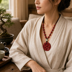 Year Of The Dragon Natural Cinnabar Hetian Jade Bead Copper Coin Attract Wealth Strength Necklace Pendant featuring Dragon, Cinnabar, Jade
