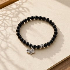 Year Of The Horse 925 Sterling Silver Natural Black Obsidian Strength Bracelet featuring Horse, Silver, Black Obsidian
