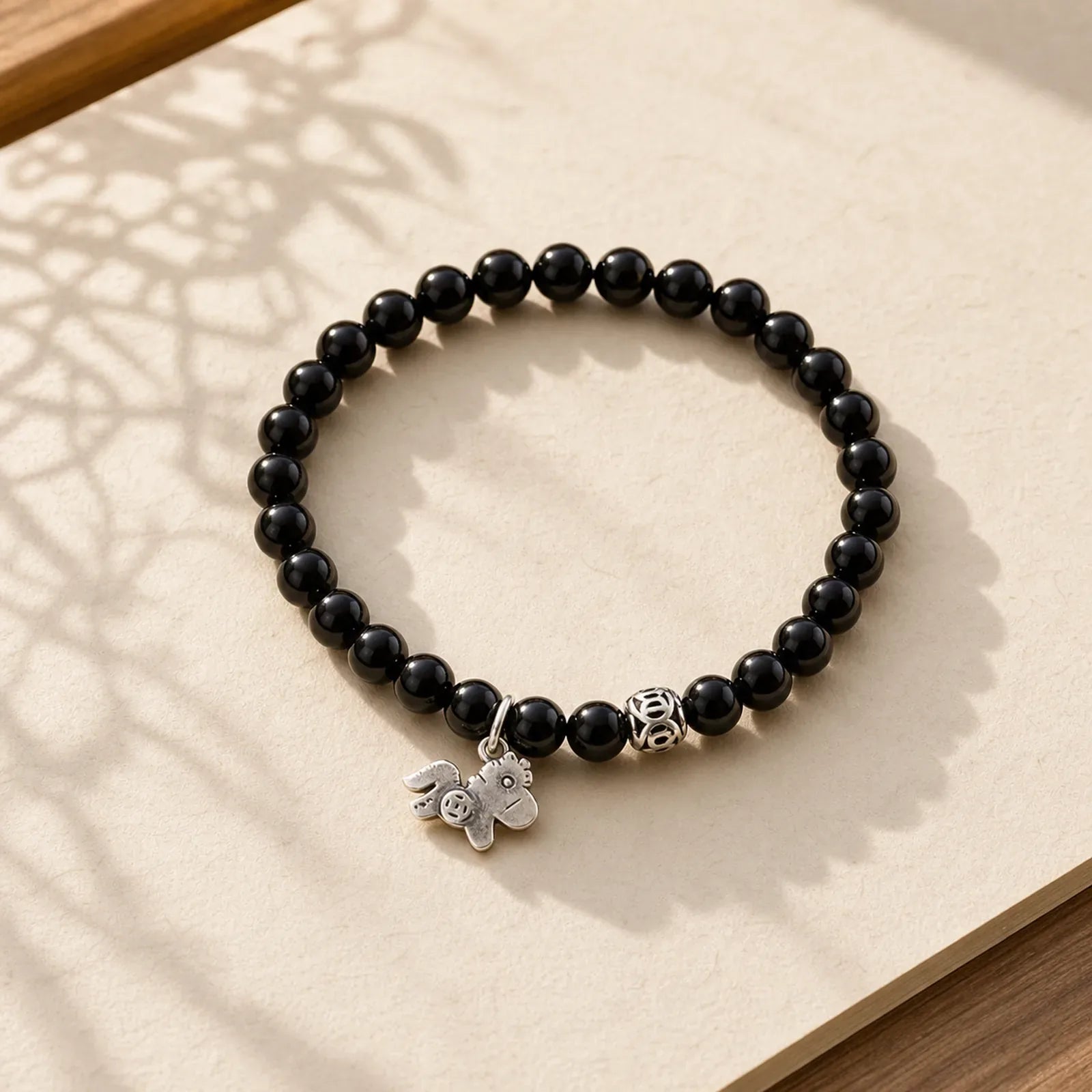 Year Of The Horse 925 Sterling Silver Natural Black Obsidian Strength Bracelet featuring Horse, Silver, Black Obsidian