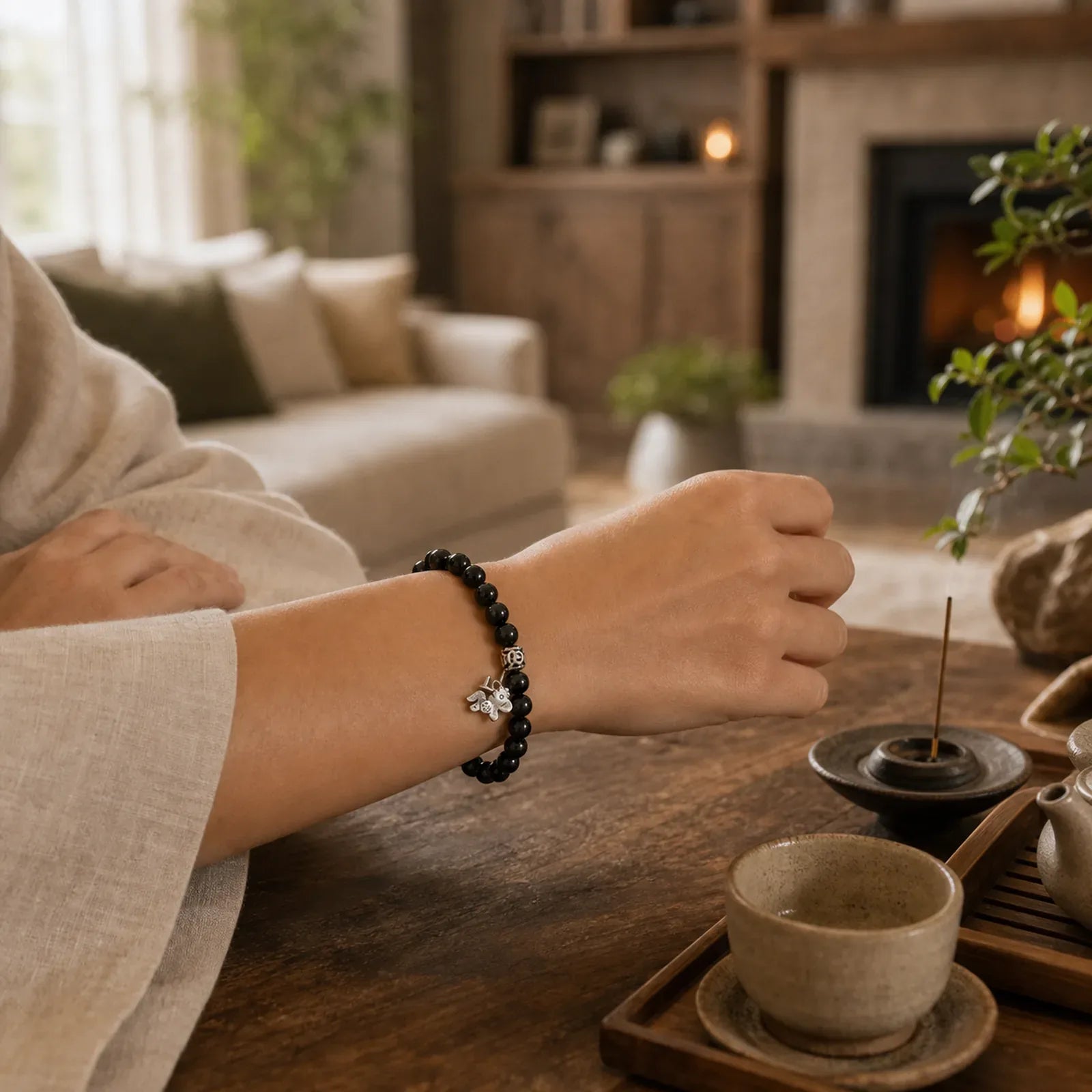 Year Of The Horse 925 Sterling Silver Natural Black Obsidian Strength Bracelet featuring Horse, Silver, Black Obsidian
