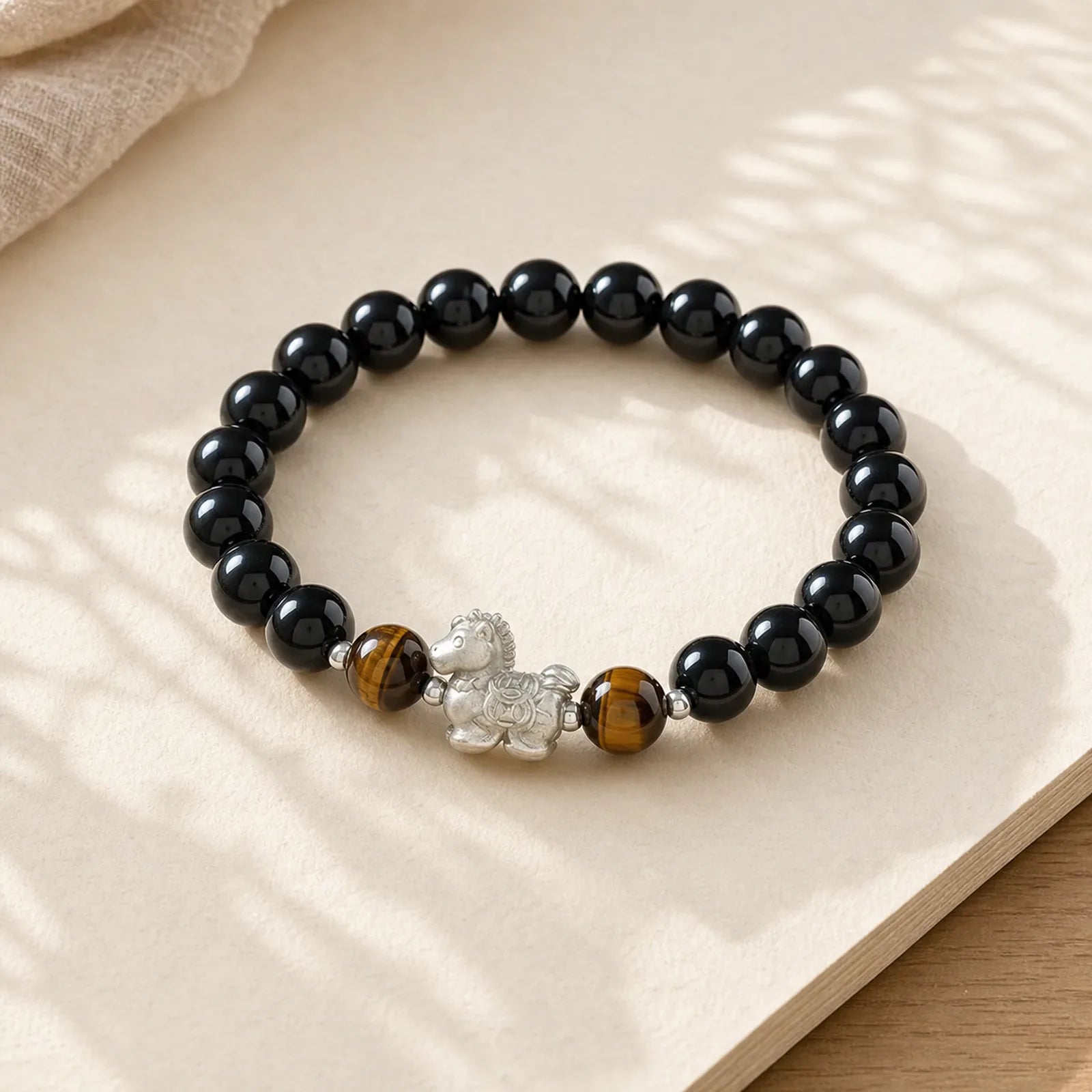 Year Of The Horse 999 Sterling Silver Horse Charm Black Obsidian Tiger Eye Strength Bracelet featuring Horse, Silver, Black Obsidian