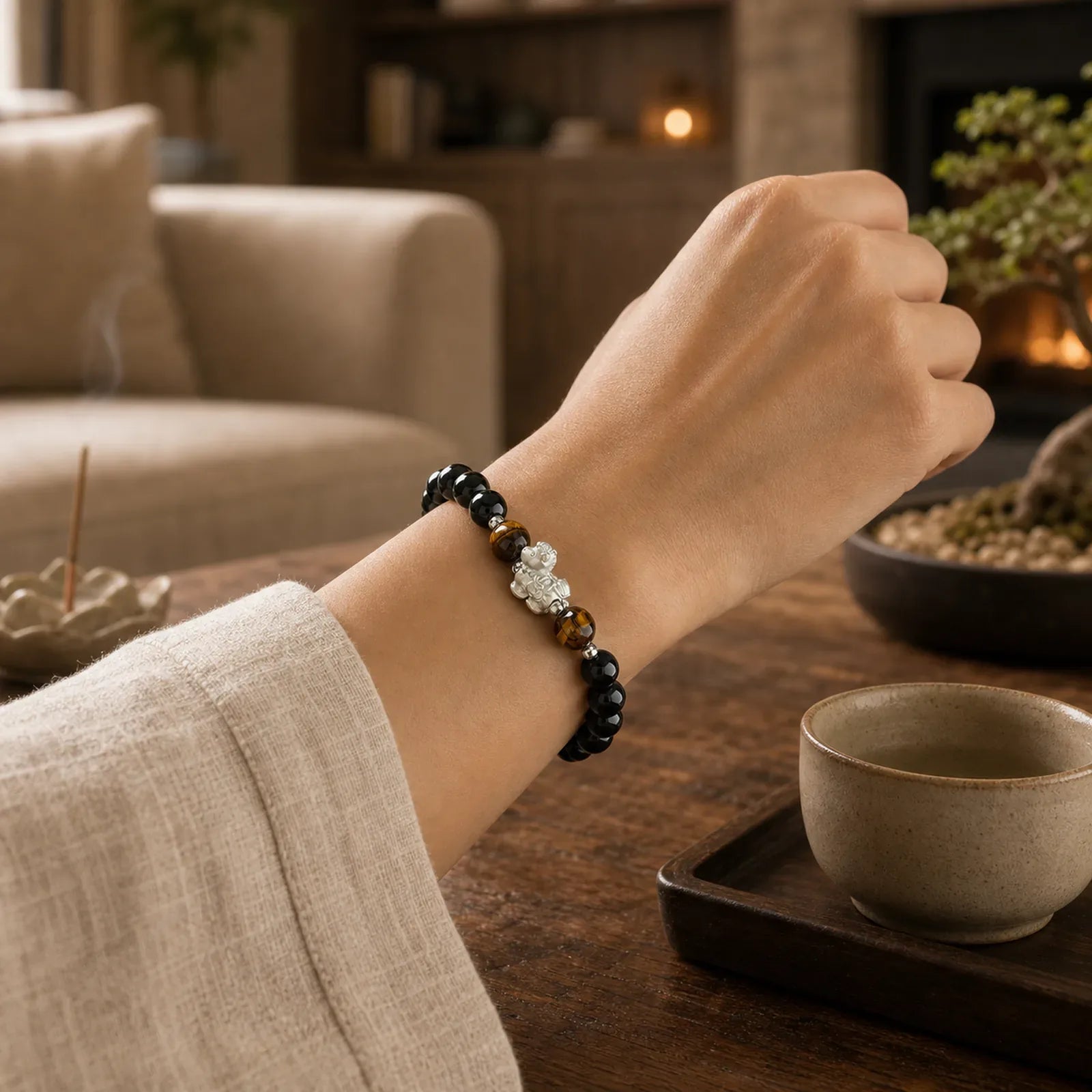 Year Of The Horse 999 Sterling Silver Horse Charm Black Obsidian Tiger Eye Strength Bracelet featuring Horse, Silver, Black Obsidian