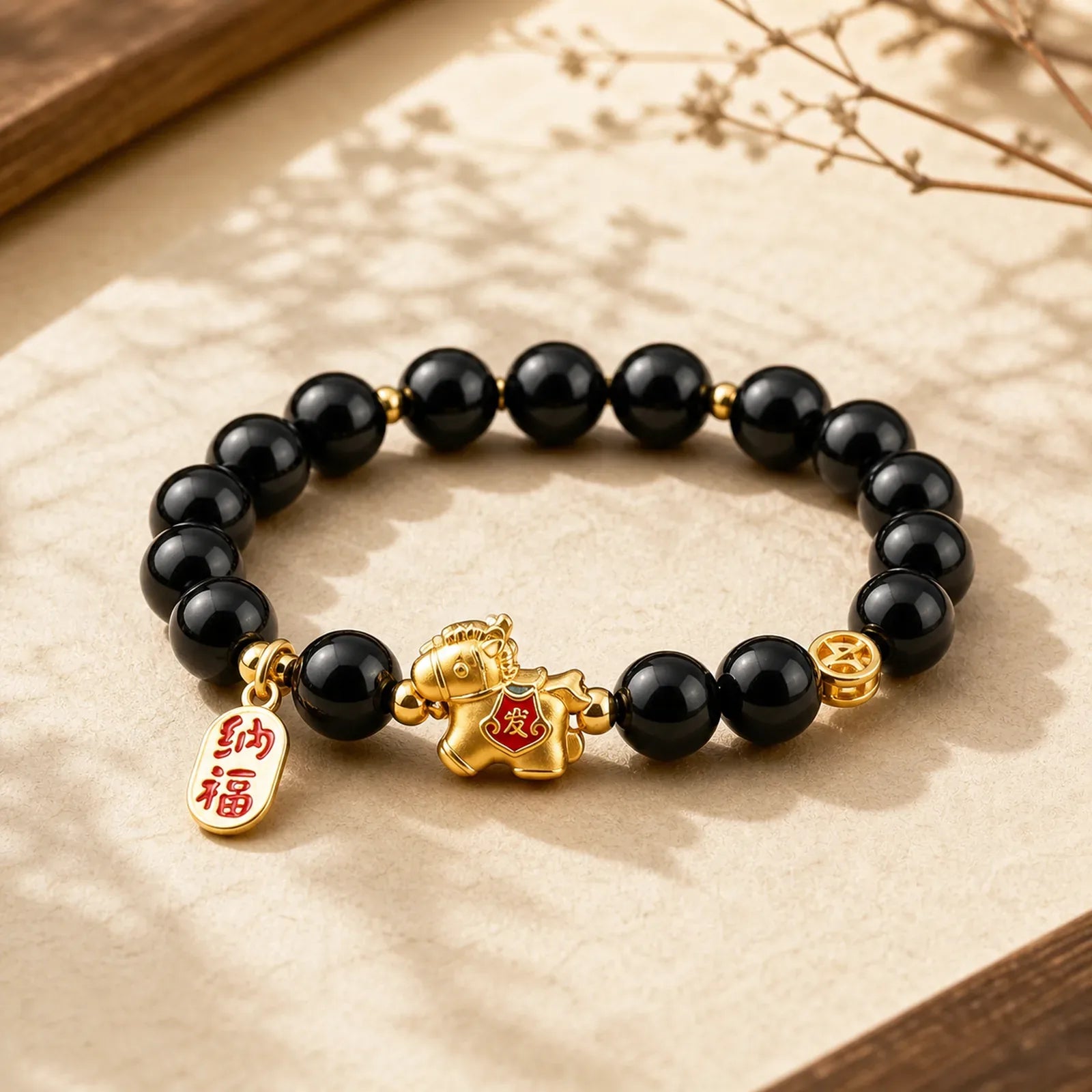 Year Of The Horse Black Obsidian Strength Bracelet featuring Horse, Black Obsidian