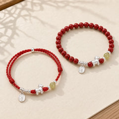 Year Of The Horse Cinnabar Hetian Jade 999 Sterling Silver Red String Concentration Bracelet featuring Horse, Cinnabar, Jade