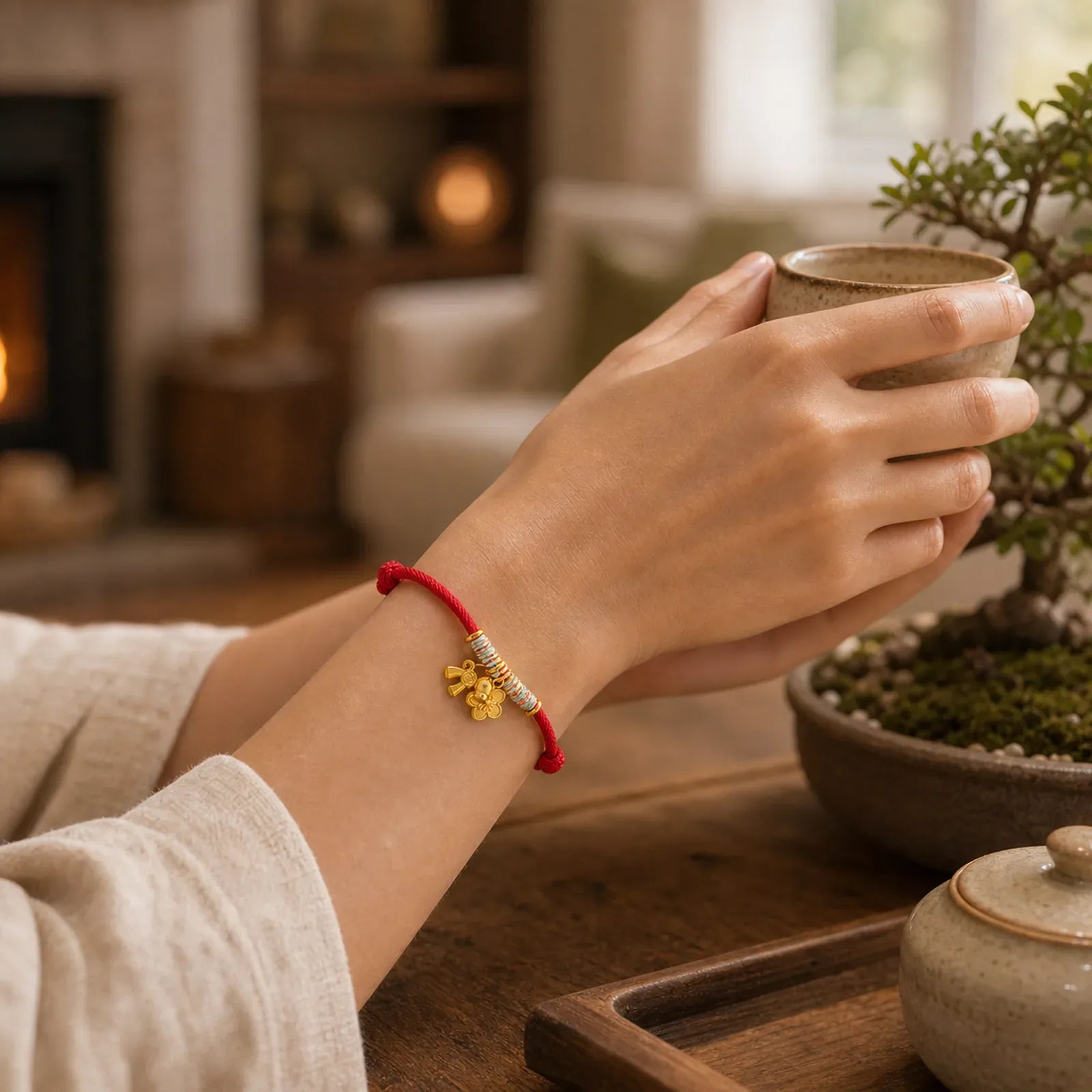 Year Of The Horse Flower Charm Red String Connection Handmade Bracelet featuring Horse, Red String, Copper