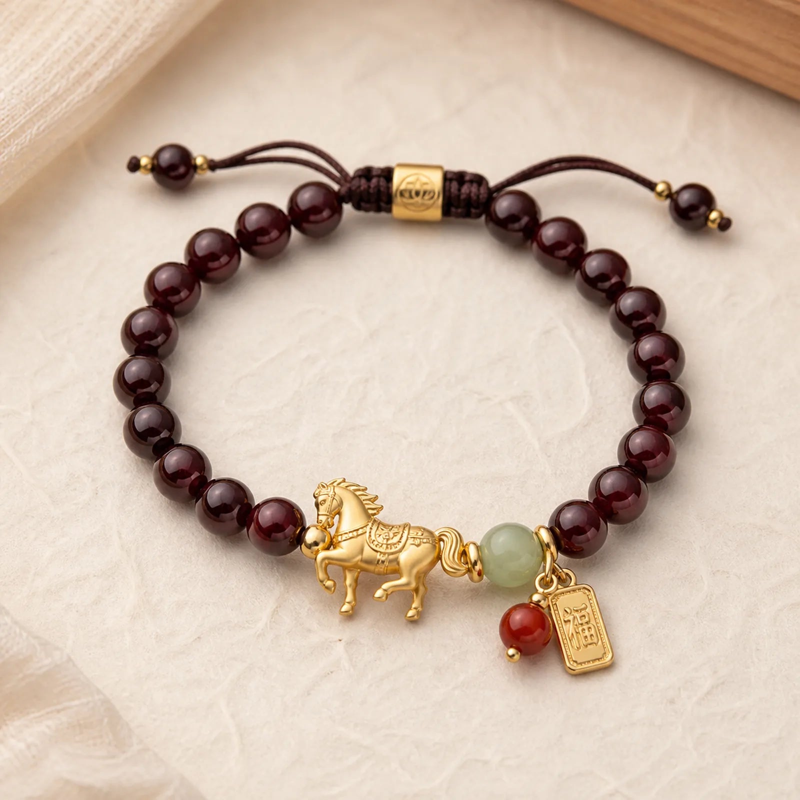 Year Of The Horse Garnet Fu Character Lucky Fortune Charm Protection Bracelet featuring Horse, Garnet, Fu Character