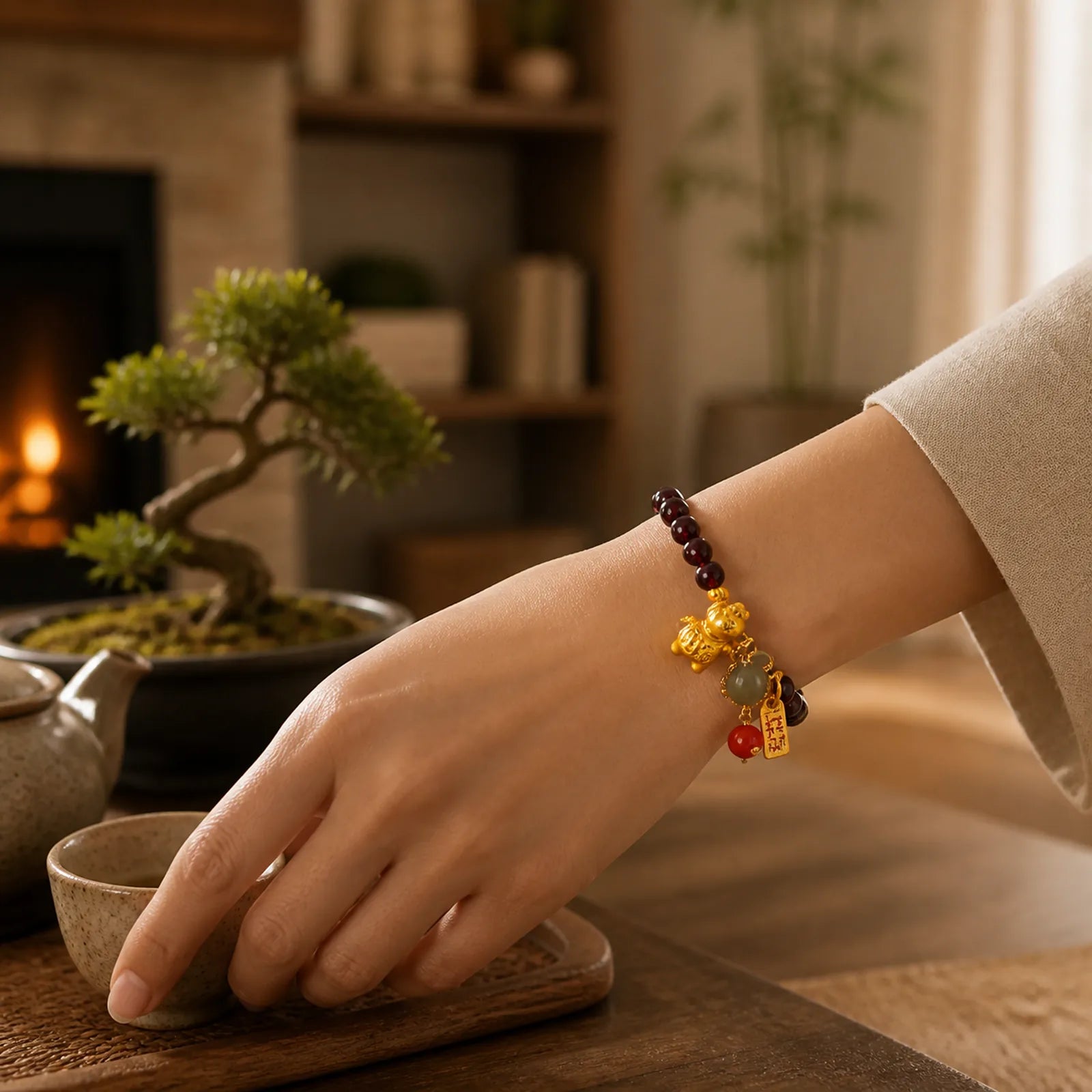 Year Of The Horse Garnet Fu Character Lucky Fortune Charm Protection Bracelet featuring Horse, Garnet, Fu Character