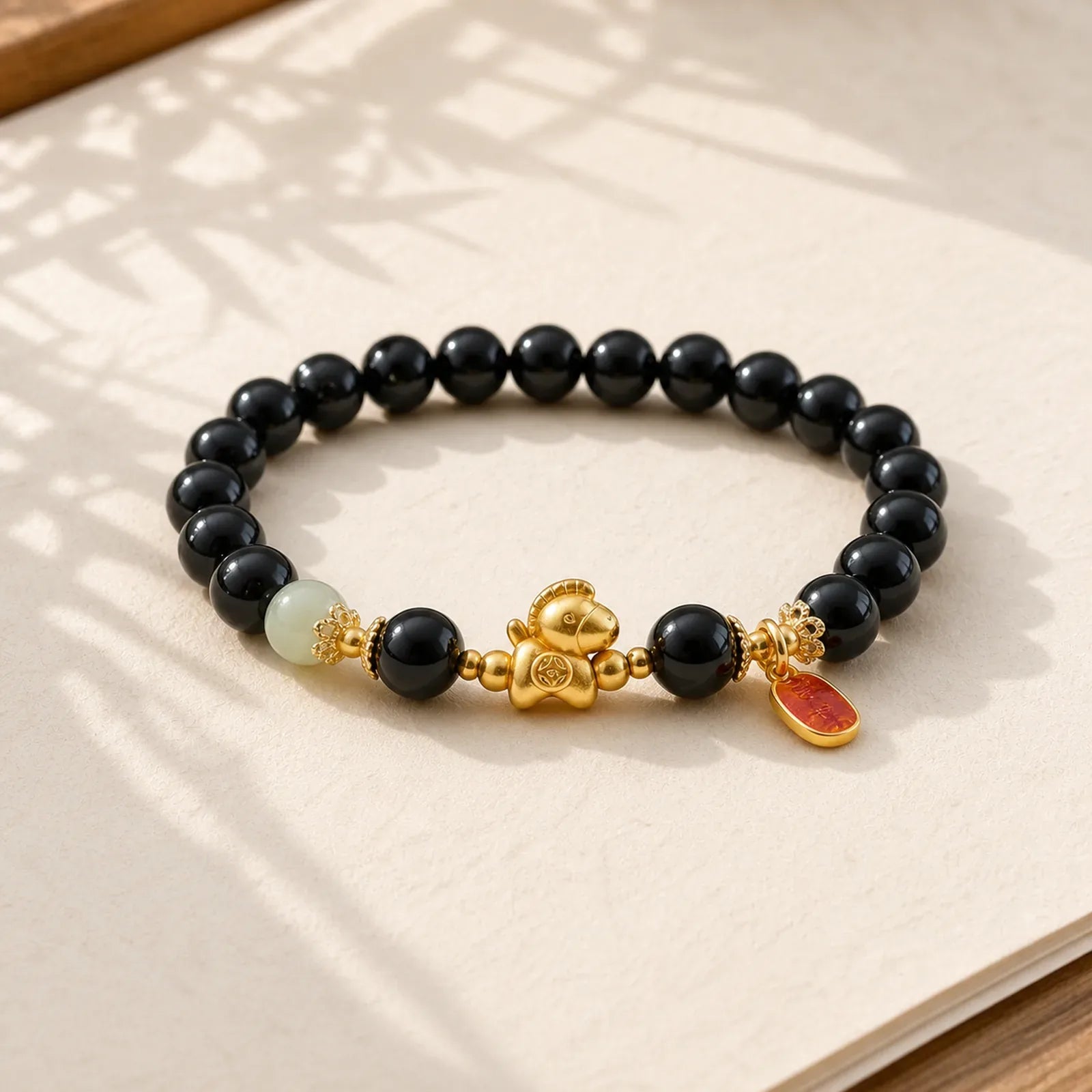 Year Of The Horse Hetian Jade Black Obsidian Red Agate Strength Bracelet featuring Horse, Jade, Black Obsidian