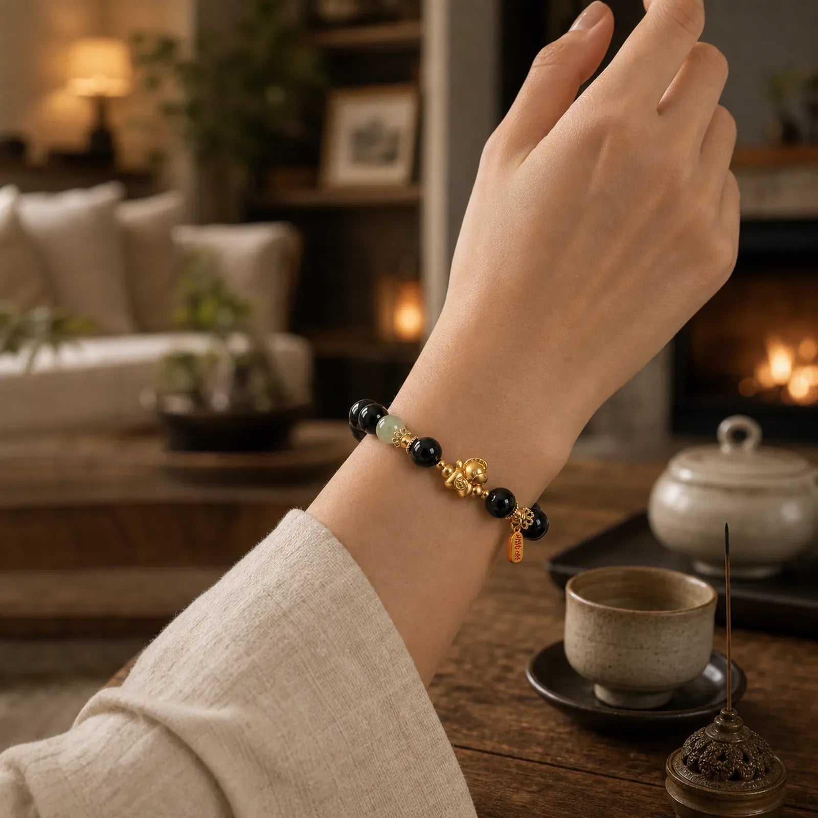 Year Of The Horse Hetian Jade Black Obsidian Red Agate Strength Bracelet featuring Horse, Jade, Black Obsidian