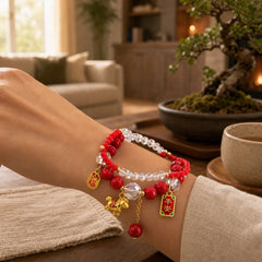 Year Of The Horse Ingot Prosperity 2Pcs Bracelet featuring Horse, Fu Character, Garnet