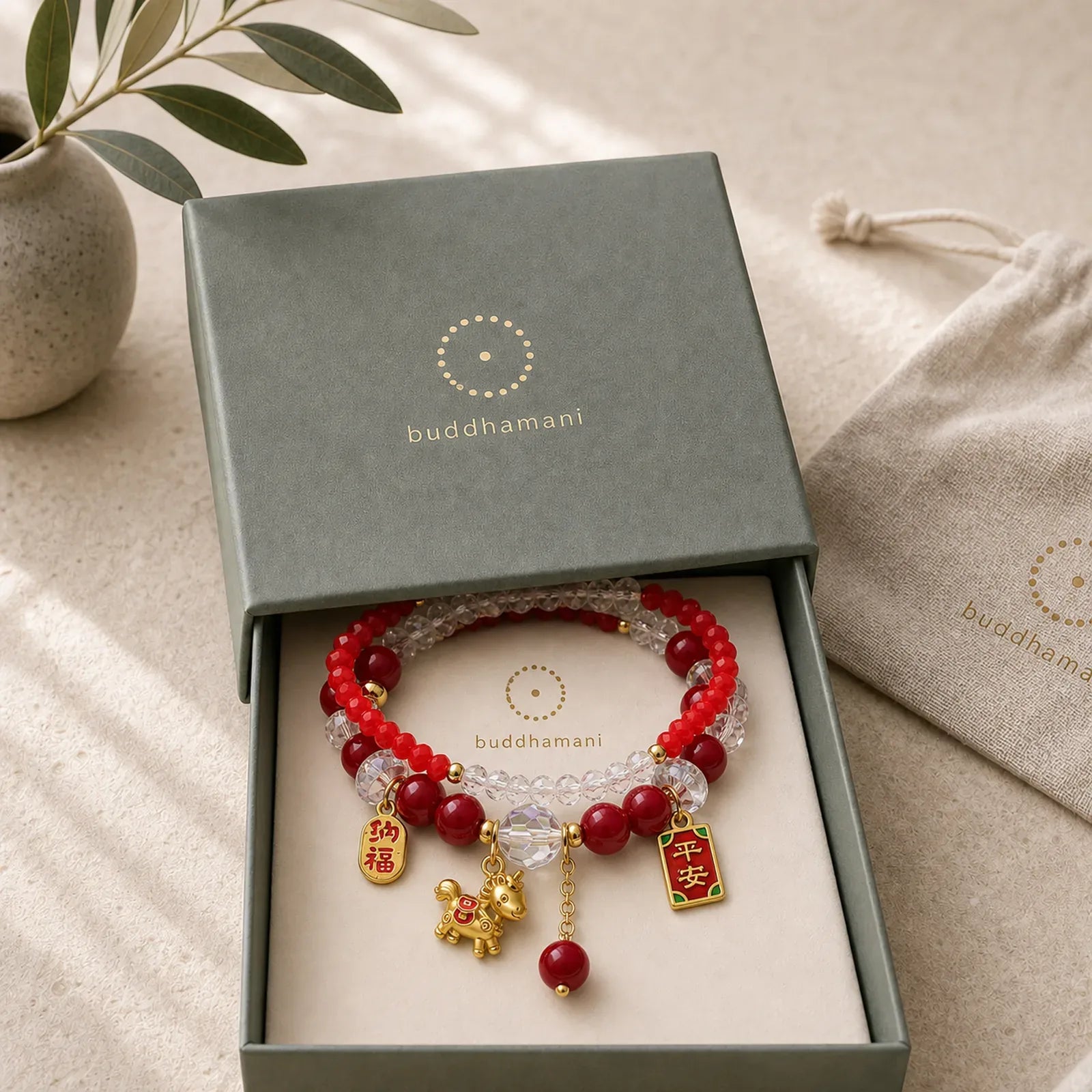 Year Of The Horse Ingot Prosperity 2Pcs Bracelet featuring Horse, Fu Character, Garnet