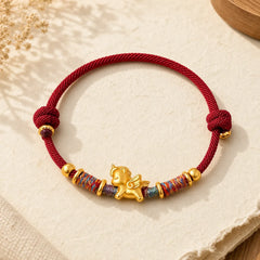 Year of the Horse 999 Sterling Silver Plated Gold Braided String Rope Protection Bracelet featuring Horse, Silver, Red String