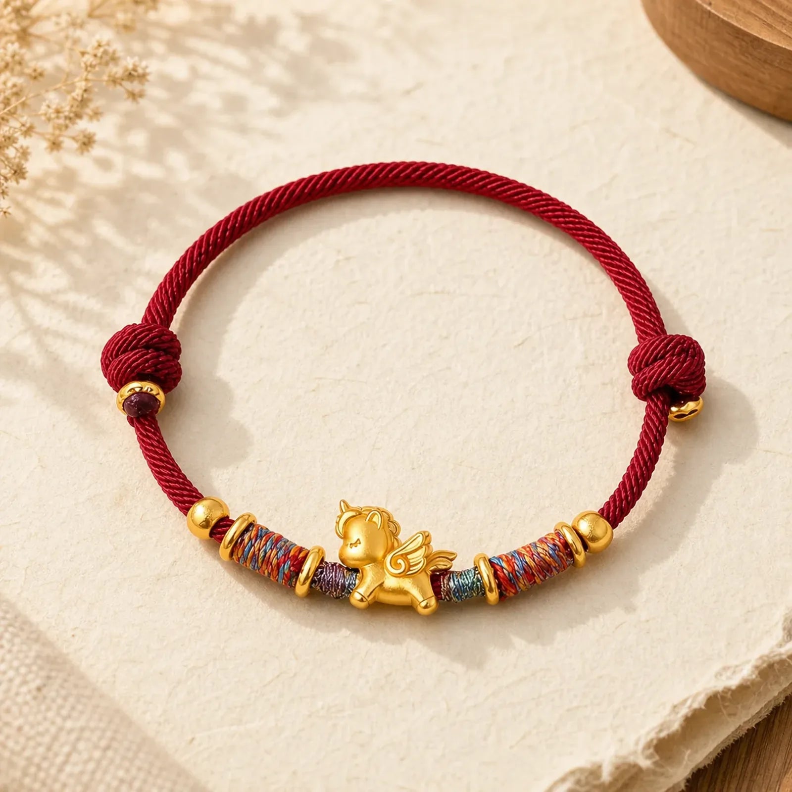Year of the Horse 999 Sterling Silver Plated Gold Braided String Rope Protection Bracelet featuring Horse, Silver, Red String