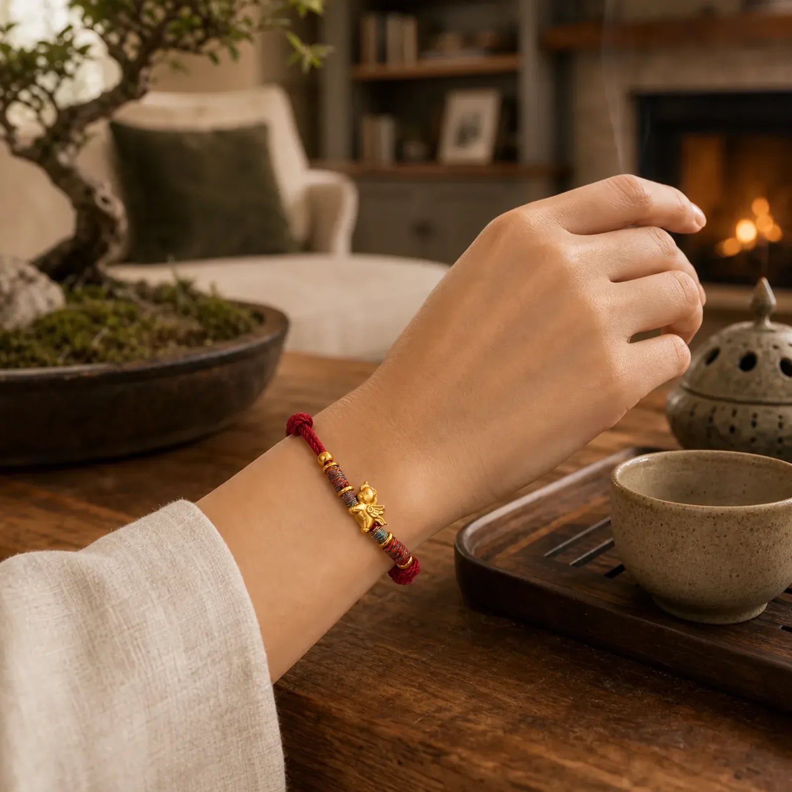 Year of the Horse 999 Sterling Silver Plated Gold Braided String Rope Protection Bracelet featuring Horse, Silver, Red String