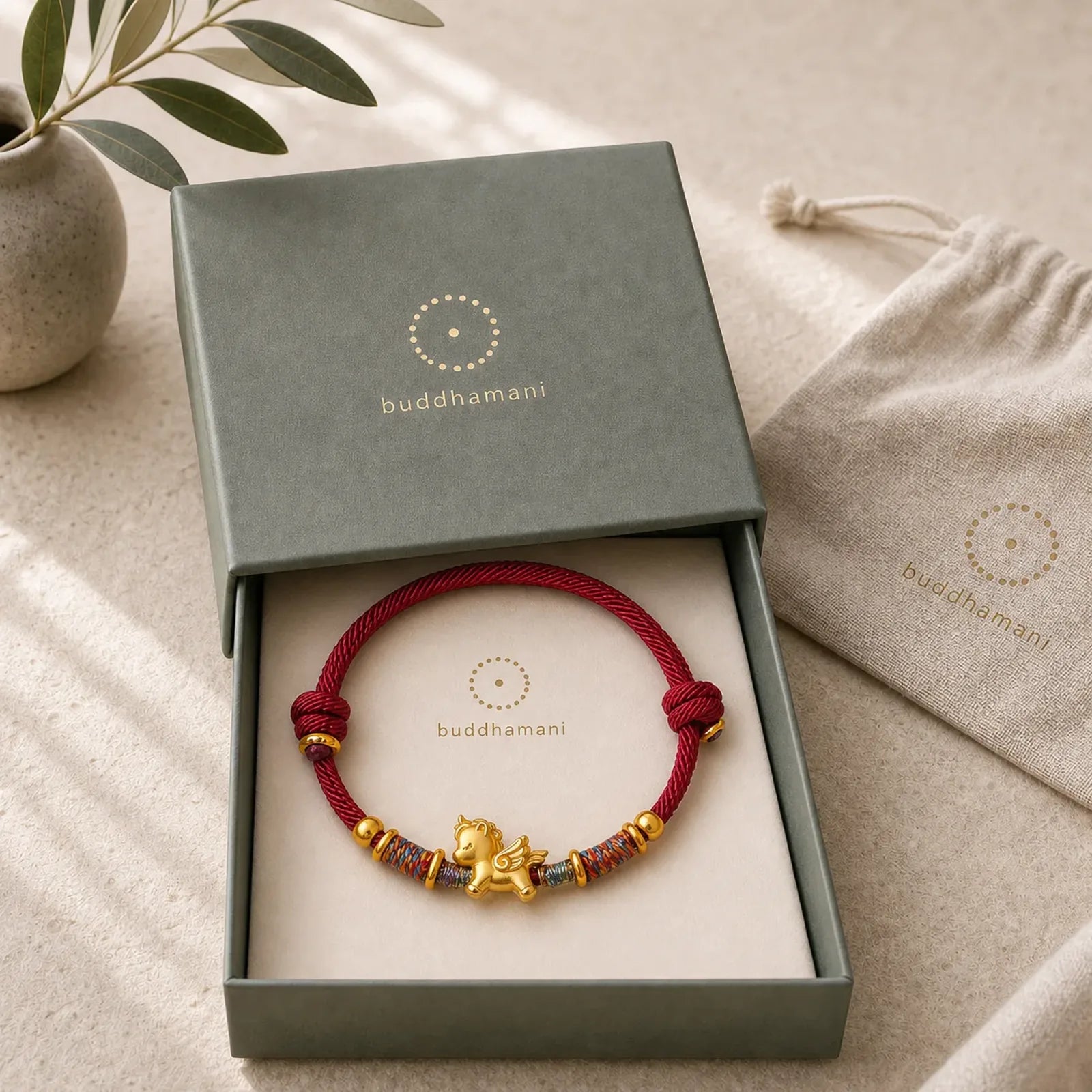 Year of the Horse 999 Sterling Silver Plated Gold Braided String Rope Protection Bracelet featuring Horse, Silver, Red String