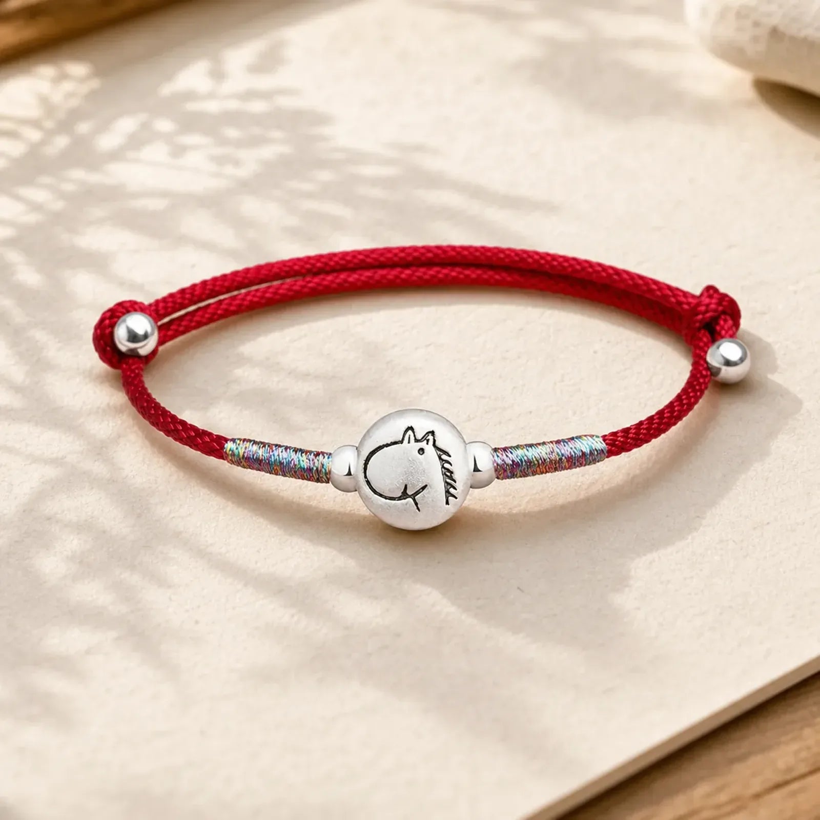 Year of the Horse 999 Sterling Silver Red String Luck Bracelet featuring Horse, Silver, Red String
