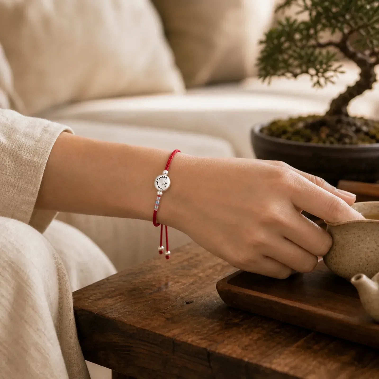 Year of the Horse 999 Sterling Silver Red String Luck Bracelet featuring Horse, Silver, Red String