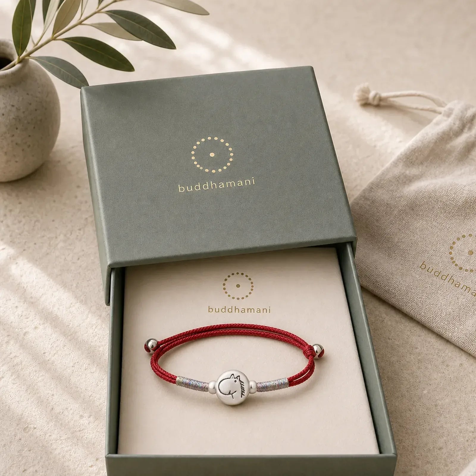 Year of the Horse 999 Sterling Silver Red String Luck Bracelet featuring Horse, Silver, Red String