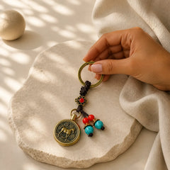 Year of the Horse Bringing in Wealth and Treasure Brass Key Chain featuring Horse, Dragon