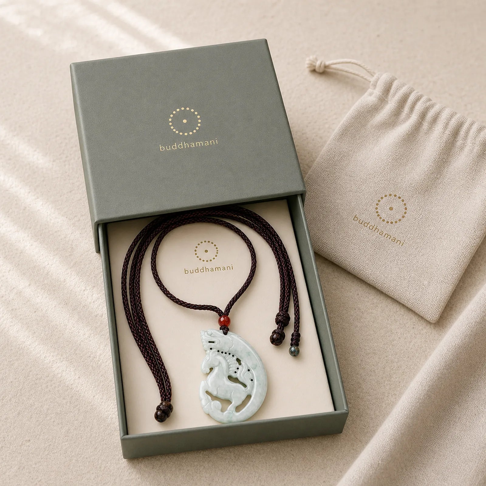 Year of the Horse Dragon Jade Prosperity Rope Necklace Pendant featuring Horse, Dragon, Jade